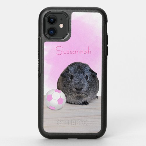 Adorable  Guinea Pig Pink Soccer Ball Custom Name OtterBox Symmetry iPhone 11 Case