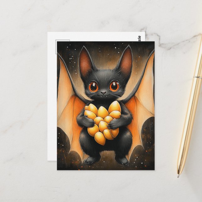 Adorable Halloween Bat With Pumpkin Seeds Postcard (Front/Back In Situ)