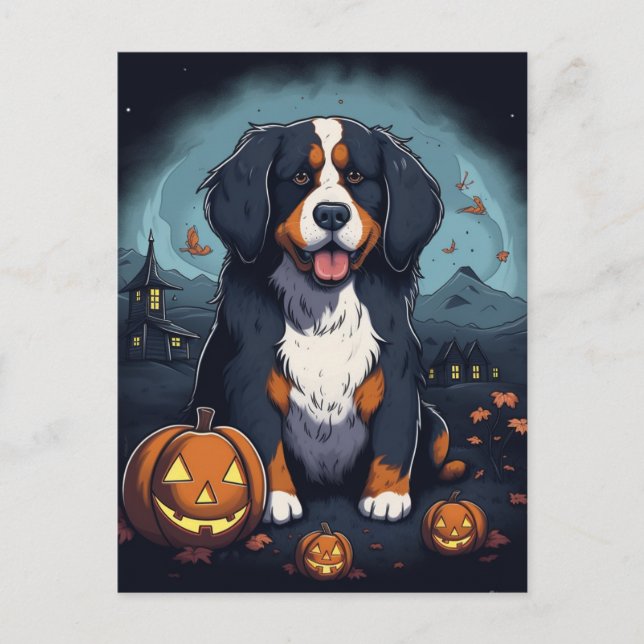 Adorable Halloween Bernese Mountain Dog Cartoon Postcard (Front)