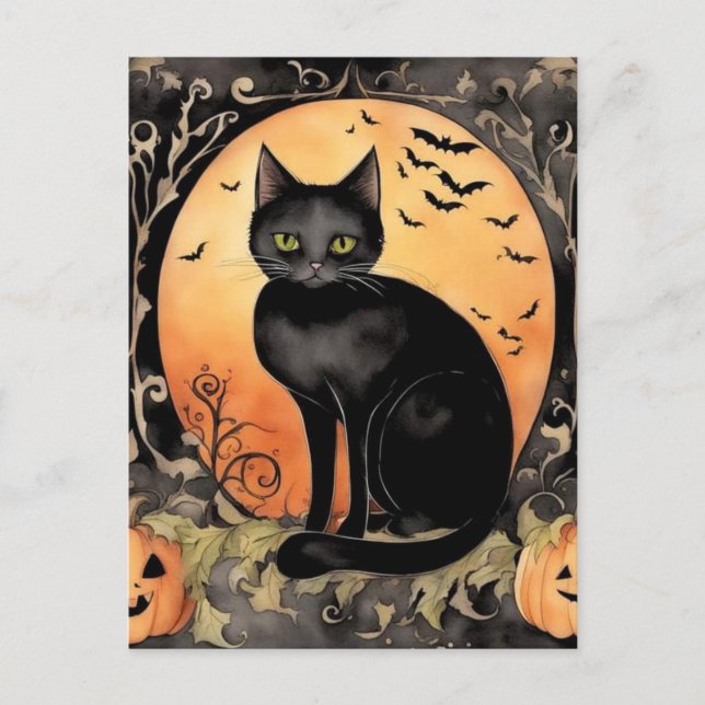 Adorable Halloween Black Cat Watercolor Postcard (Front)