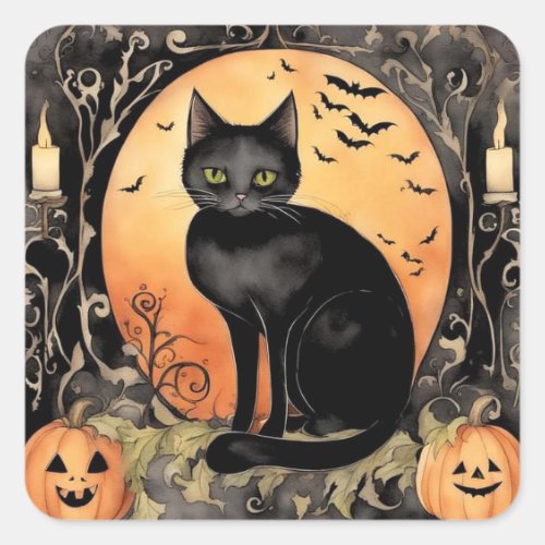 Adorable Halloween Black Cat Watercolor Square Sticker