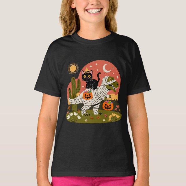 Adorable Halloween Cat on Dinosaur – Spooky Fun T-Shirt (Front)