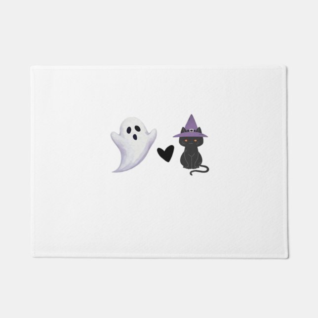 Adorable Halloween Duo Friendly Ghost and Black Ca Doormat (Front)