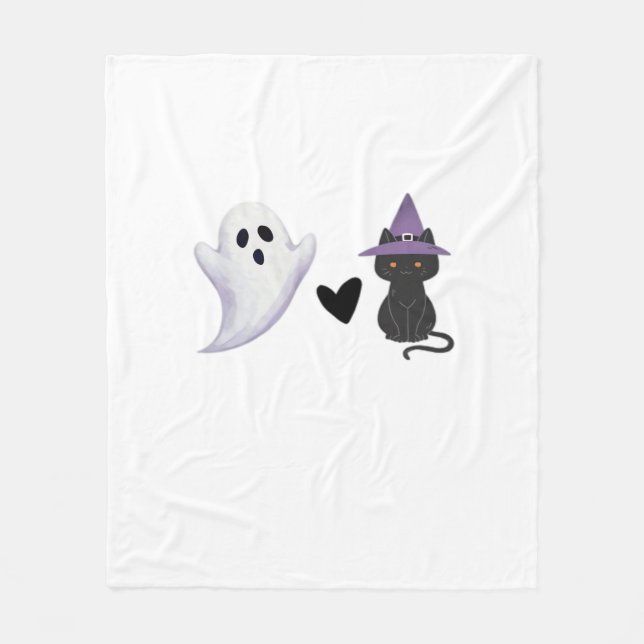 Adorable Halloween Duo Friendly Ghost and Black Ca Fleece Blanket (Front)