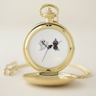 Adorable Halloween Duo Friendly Ghost and Black Ca Pocket Watch