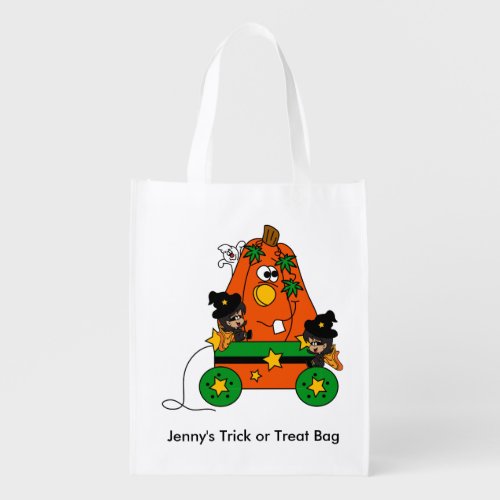 Adorable Halloween Fairy Witches and Pumpkin Cart Grocery Bag