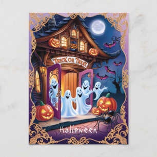 Adorable Halloween Ghosts at the Doorstep Postcard