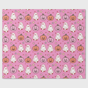 Adorable Halloween Ghosts & Pumpkins Pink Wrapping Paper