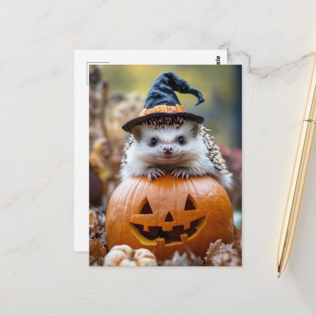 Adorable Halloween Hedgehog Postcard (Front/Back In Situ)