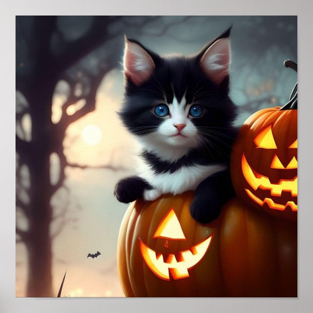 Adorable Halloween Kitten in a Pumpkin Poster (Front)