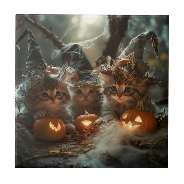 Adorable Halloween Kittens with Pumpkins Ceramic Tile (Front)