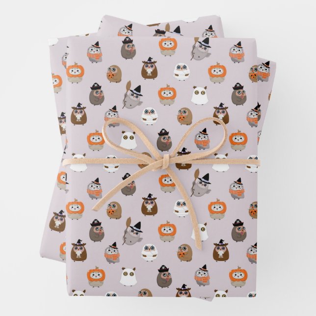 Adorable Halloween Owls Pattern Wrapping Paper Sheets (In situ)