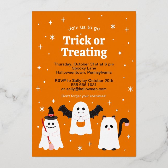Adorable Halloween Trick or Treating Ghosts Custom Foil Invitation (Front)