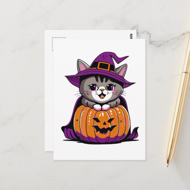 Adorable Halloween Witch Cat Postcard (Front/Back In Situ)