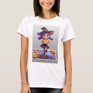 Adorable Halloween Witch Girl with Jack-o’-Lantern T-Shirt