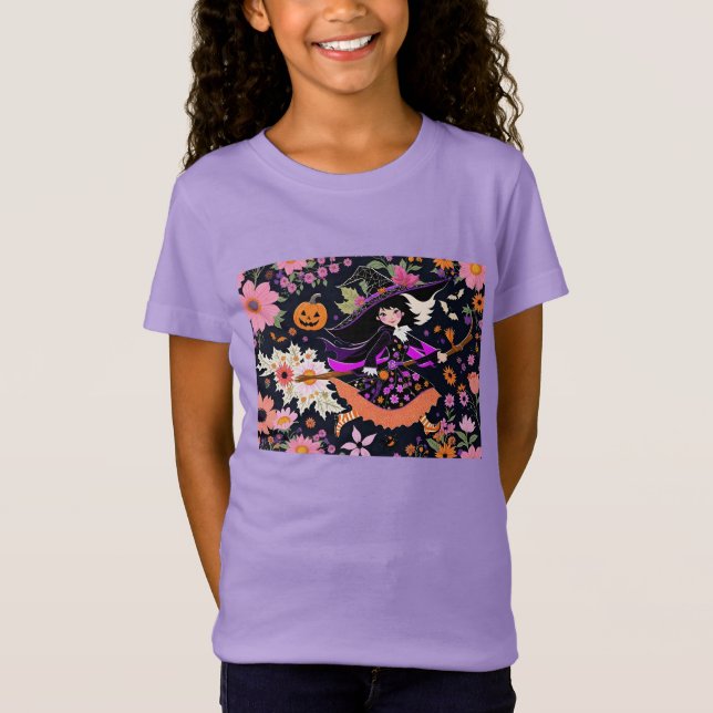 Adorable Halloween Witch With Flowers And Pumpkin T-Shirt (Front)