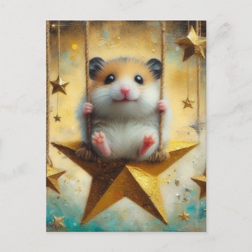 Adorable Hamster Swings on Gold Star Swing Postcard