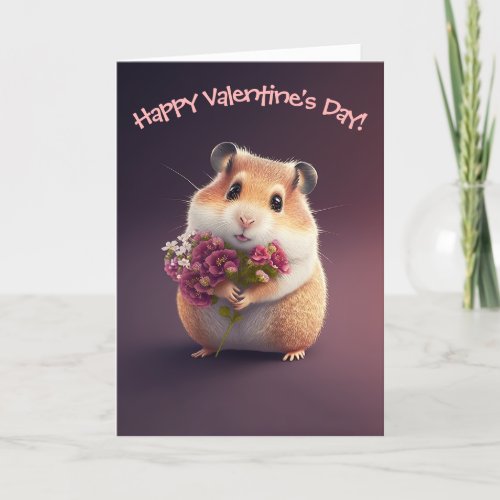 Adorable Hamster with Flowers for Valentines Day Holiday Card