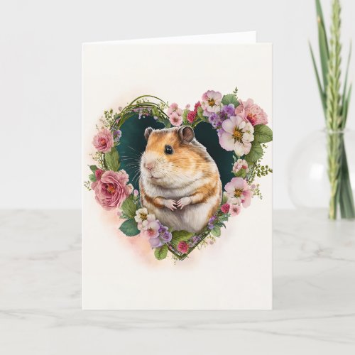 Adorable Hamster with Pink Flowers Valentines Day Holiday Card