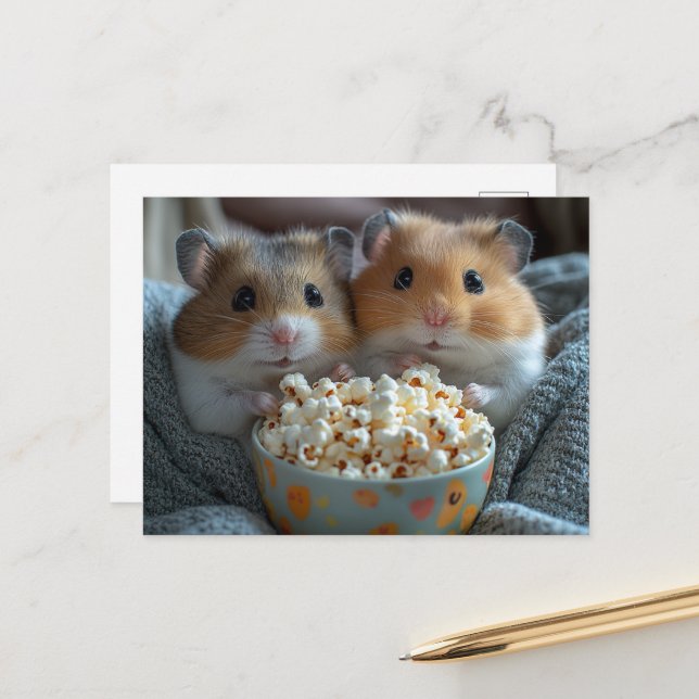 Adorable Hamsters With Popcorn Postcard (Front/Back In Situ)