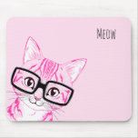 Adorable Hand Drawn Nerdy Cat Art Pink Mouse Pad at Zazzle