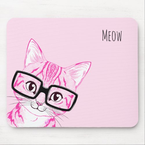 Adorable Hand Drawn Nerdy Cat Art Pink Mouse Pad