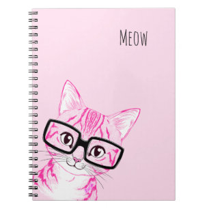 Adorable Hand Drawn Nerdy Cat Art Pink Note Book