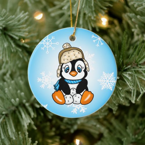 Adorable Hand drawn Penguin with Snowballs Ceramic Ornament