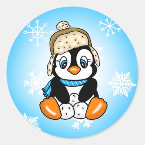 Adorable Hand drawn Penguin with Snowballs Classic Round Sticker
