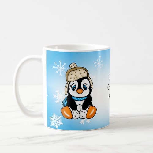 Adorable Hand drawn Penguin with Snowballs Coffee Mug