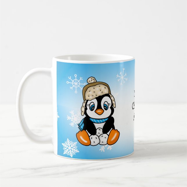 Adorable Hand drawn Penguin with Snowballs Coffee Mug (Left)