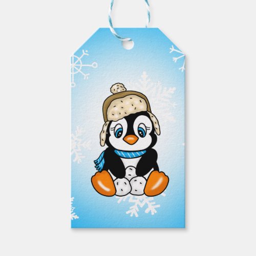 Adorable Hand drawn Penguin with Snowballs Gift Tags