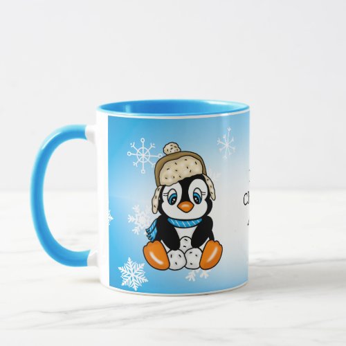 Adorable Hand drawn Penguin with Snowballs Mug
