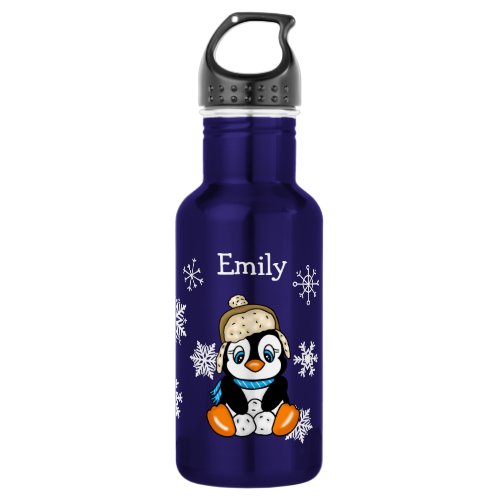 Adorable Hand drawn Penguin with Snowballs Stainless Steel Water Bottle