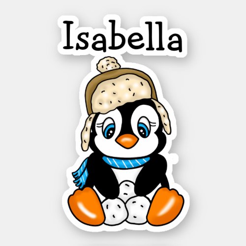Adorable Hand drawn Penguin with Snowballs Sticker