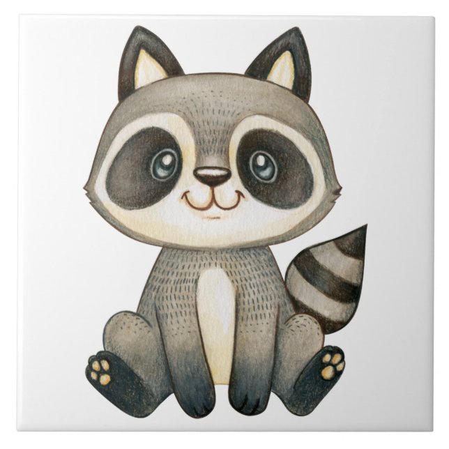 Adorable Hand-Drawn Raccoon Illustration Ceramic Tile (Front)