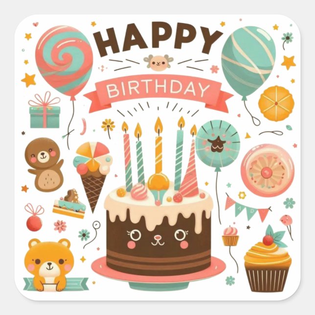 Adorable Happy Birthday Cute Cake & Bear Square Sticker (Front)
