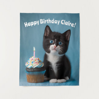 Adorable Happy Birthday Kitten, Customizable Tapestry