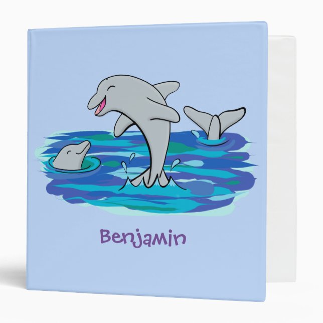 Adorable happy dolphins cartoon illustration 3 ring binder (Front/Inside)
