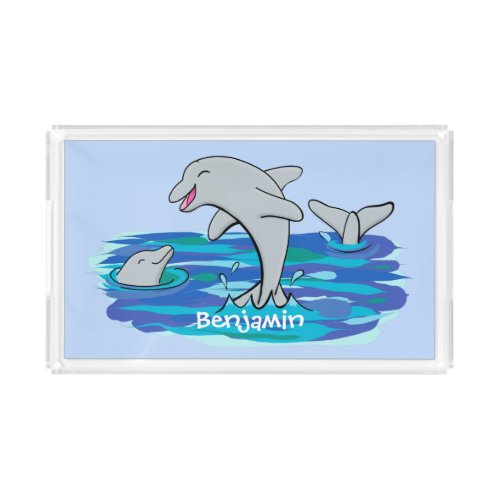 Adorable happy dolphins cartoon illustration acrylic tray