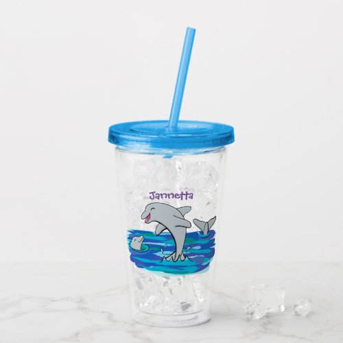 Adorable happy dolphins cartoon illustration acrylic tumbler