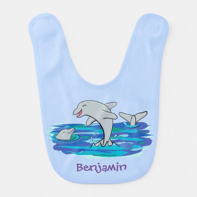 Adorable happy dolphins cartoon illustration baby bib (Front)