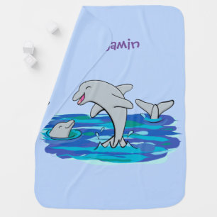 Adorable happy dolphins cartoon illustration baby blanket
