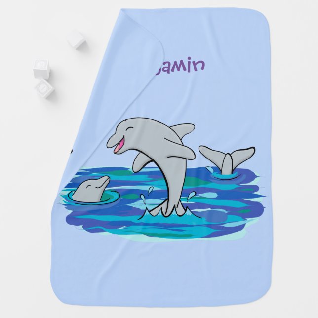 Adorable happy dolphins cartoon illustration baby blanket (In Situ)