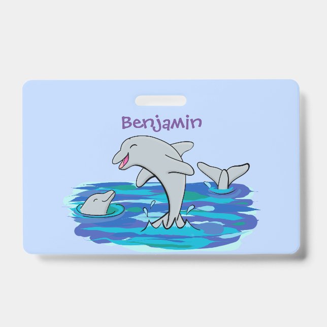 Adorable happy dolphins cartoon illustration badge (Front)