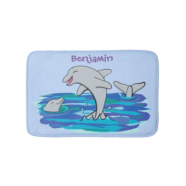 Adorable happy dolphins cartoon illustration bath mat (Front)
