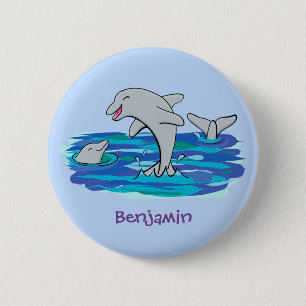 Adorable happy dolphins cartoon illustration button