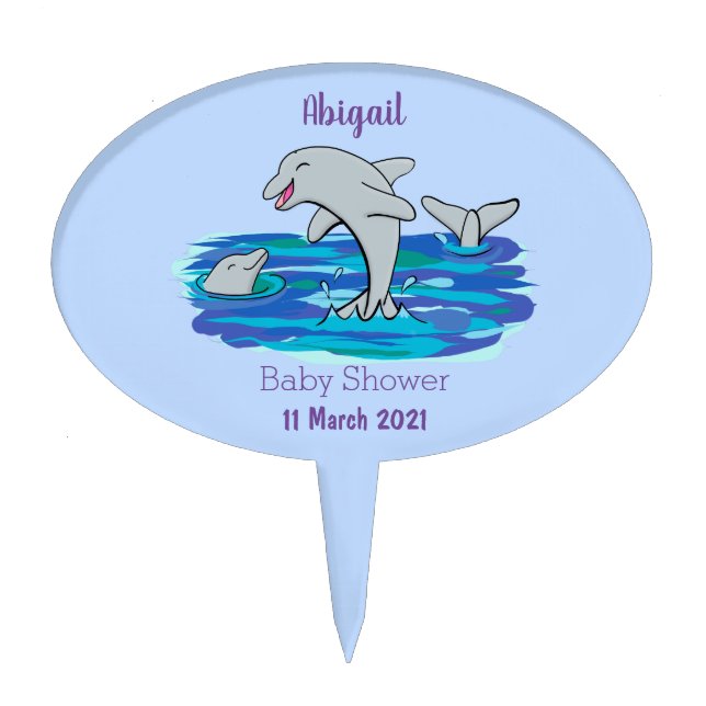 Adorable happy dolphins cartoon illustration cake topper (Front)
