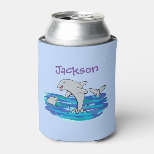 Adorable happy dolphins cartoon illustration can cooler