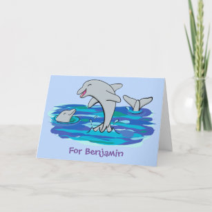 Adorable happy dolphins cartoon illustration card